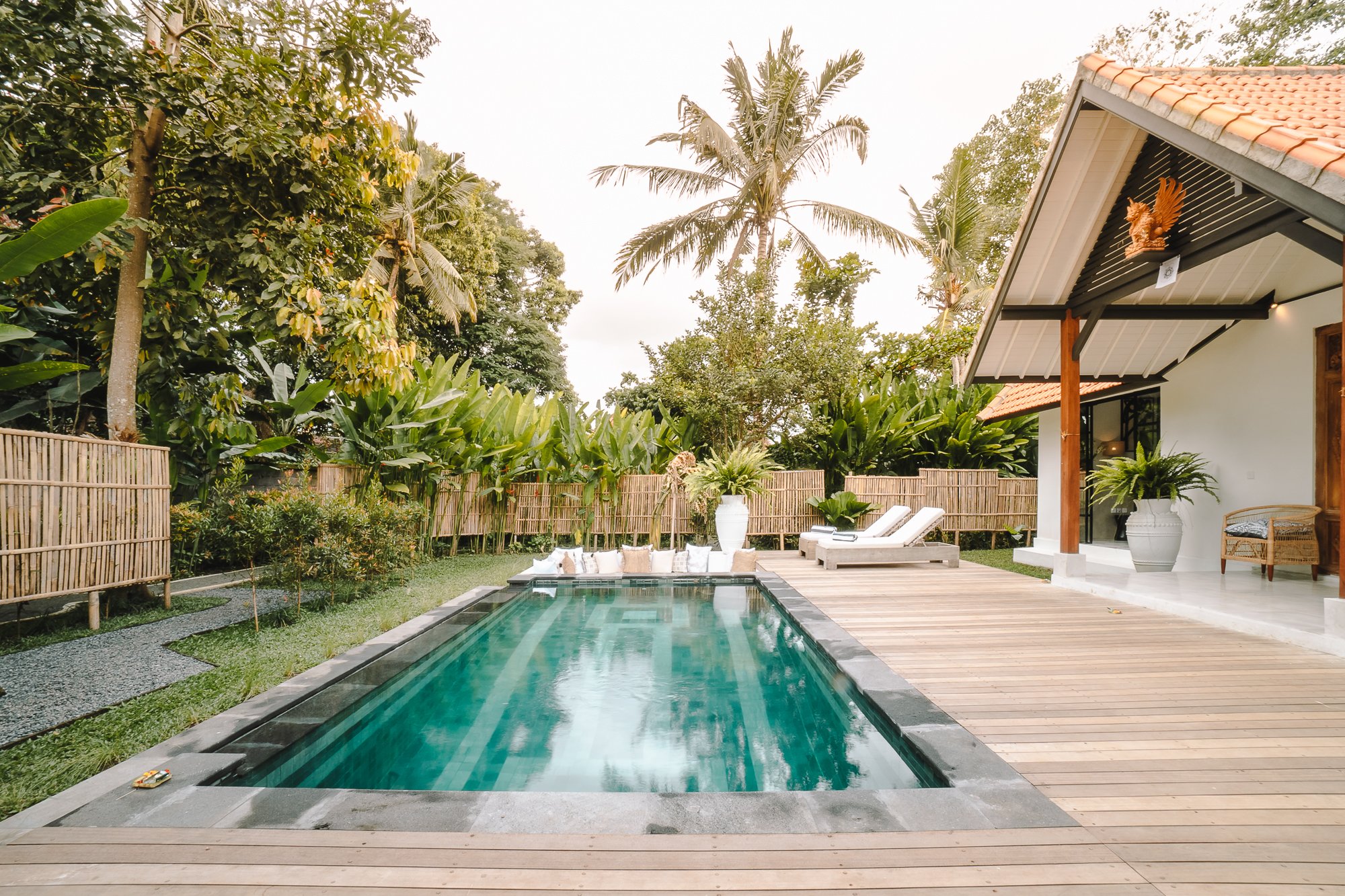 Backyard with swimming pool, lounge chairs, plants, and a house with a tiled roof.
