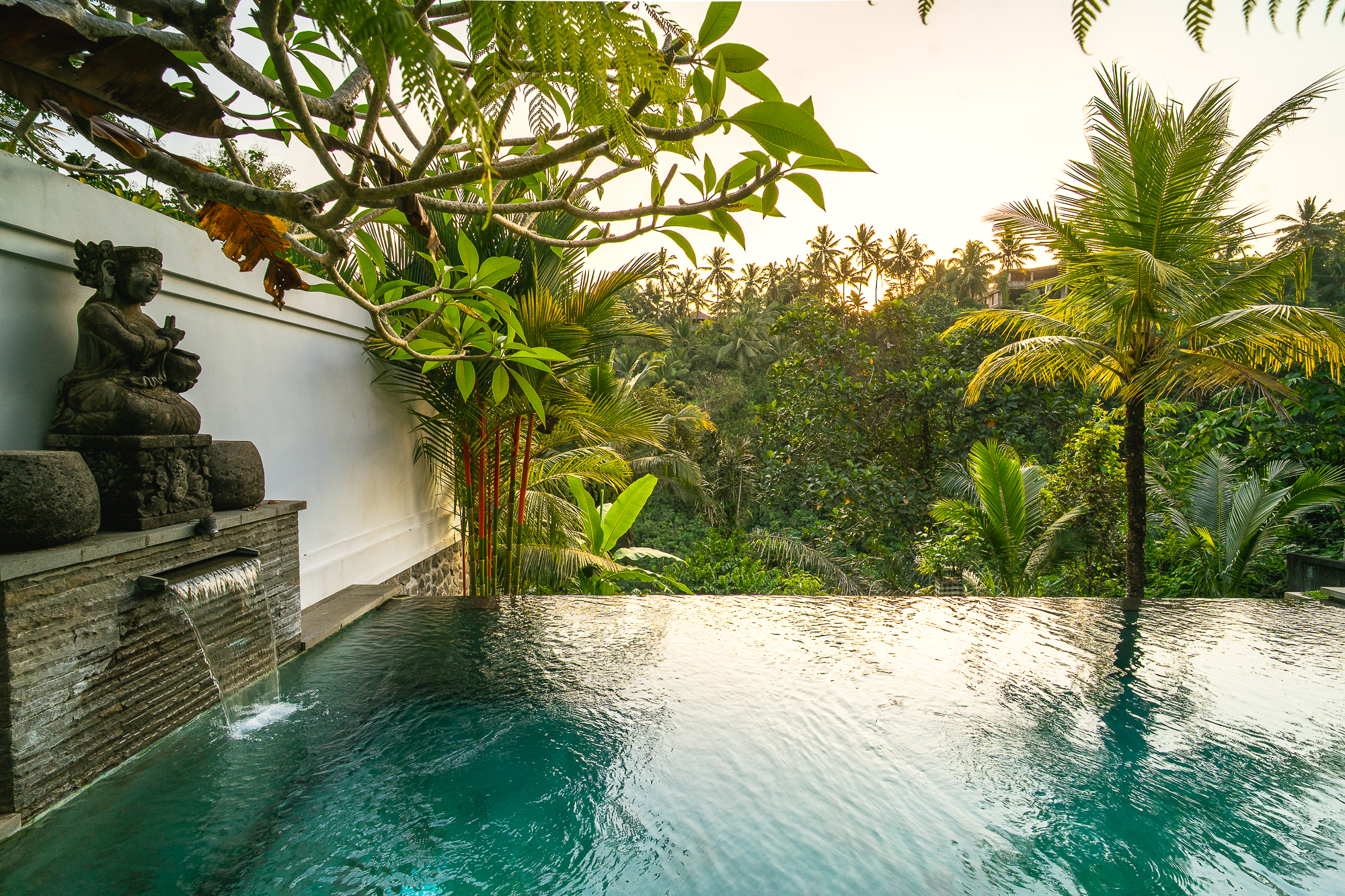 A tropical house with a tiled roof and large glass doors opens to a wooden patio with two lounge chairs by a small pool, surrounded by lush greenery and trees.